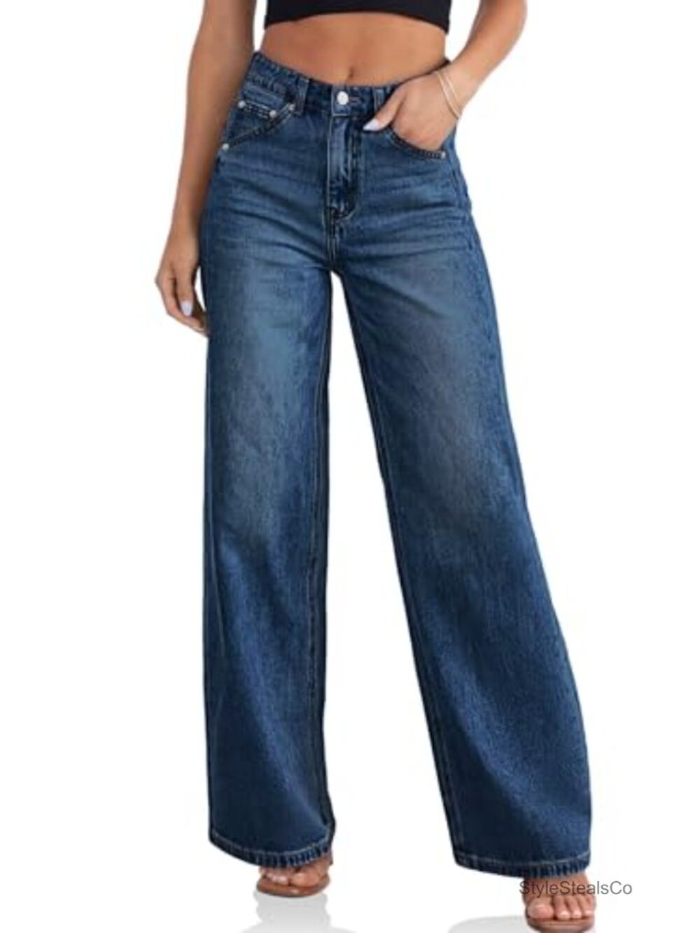 Wide Leg High Waisted Baggy Boyfriend Cotton Denim Jeans Pockets